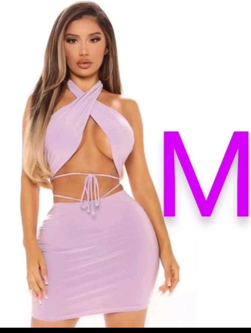 🆕Purple Lilac Sexy Two Piece Open Front Halter Top & Skirt Dress Set    Size M